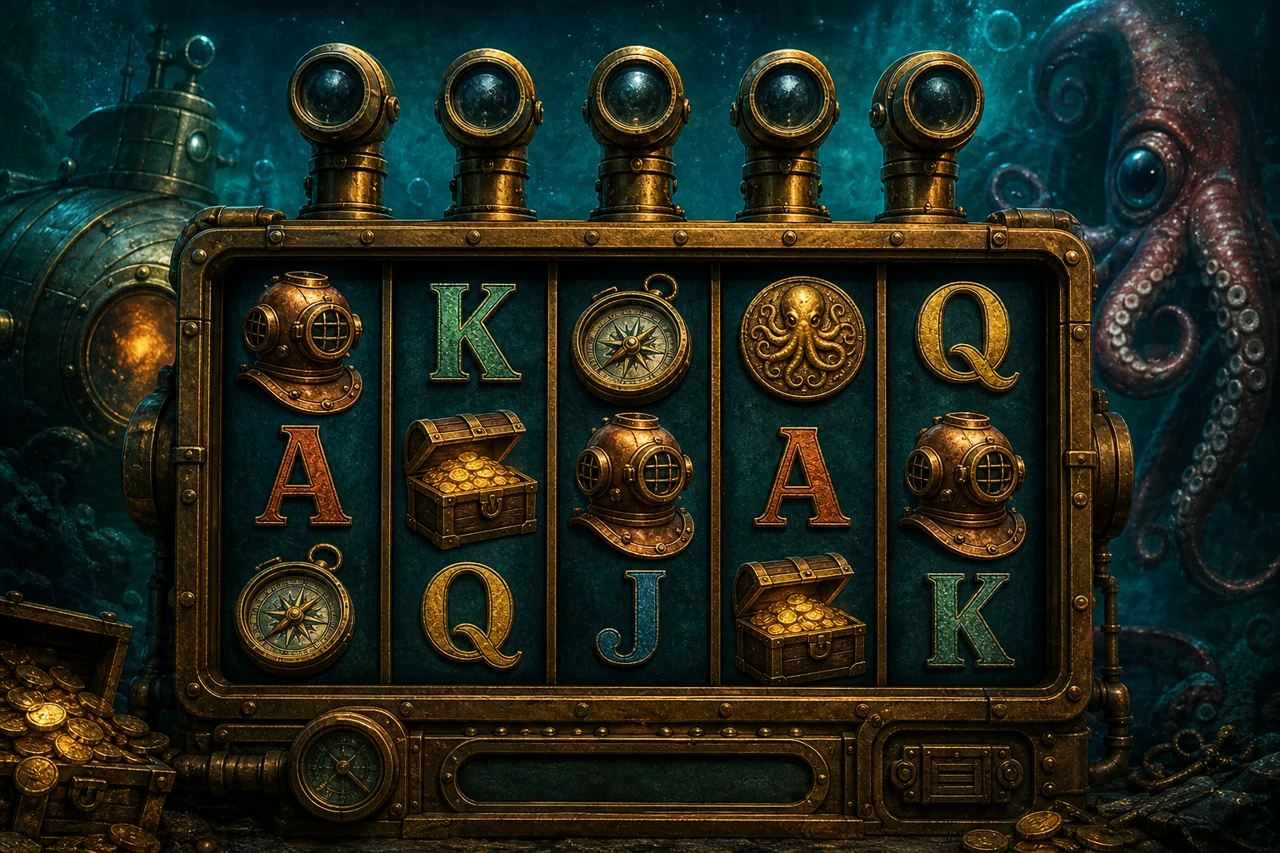 A five-reel deep sea submarine slot, brass periscopes, diving helmets, treasure coins and giant squid tentacle in background, textured dark teal and orange, cinematic